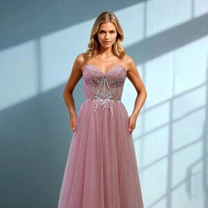NFS Strapless A-Line Formal Gown w/Boned Bodice & Rhinestones Embroidery JT2641G